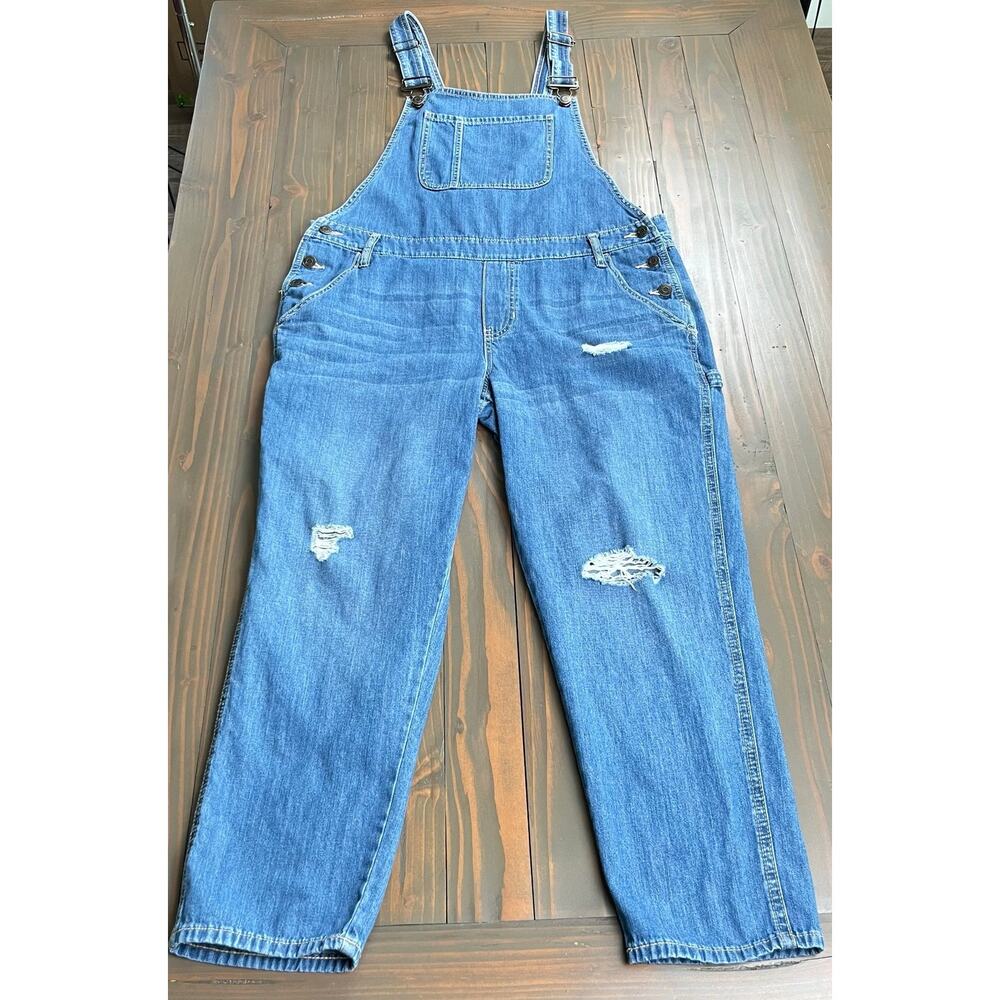 Gap Outlet Distressed Blue Denim Racerback Utility Bib Ripped Crop Overalls L - Picture 12 of 14